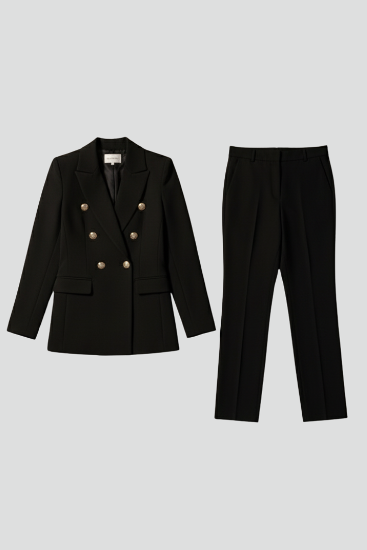 Women's tailored blazer & trouser set for elegant office wear. Sophisticated two-piece pant suit.