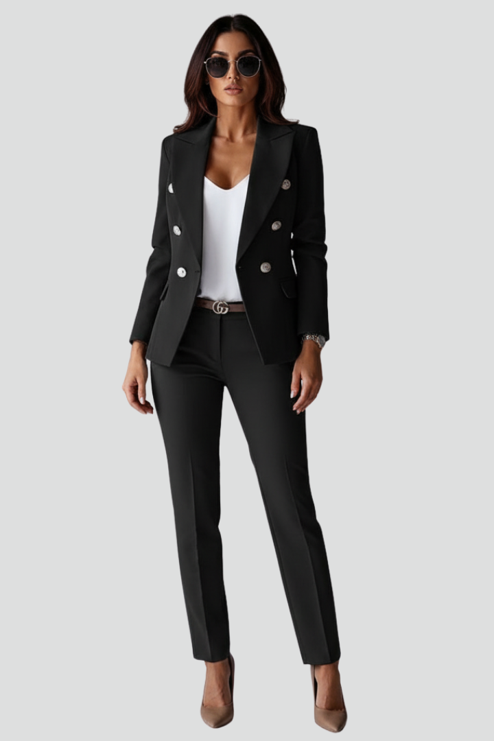 Stylish women's business suit: tailored blazer & matching trousers for a polished, professional look.