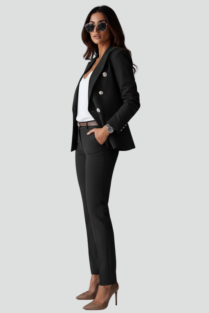 Formal women's two-piece set, featuring a sleek blazer and comfortable tailored trousers for work.