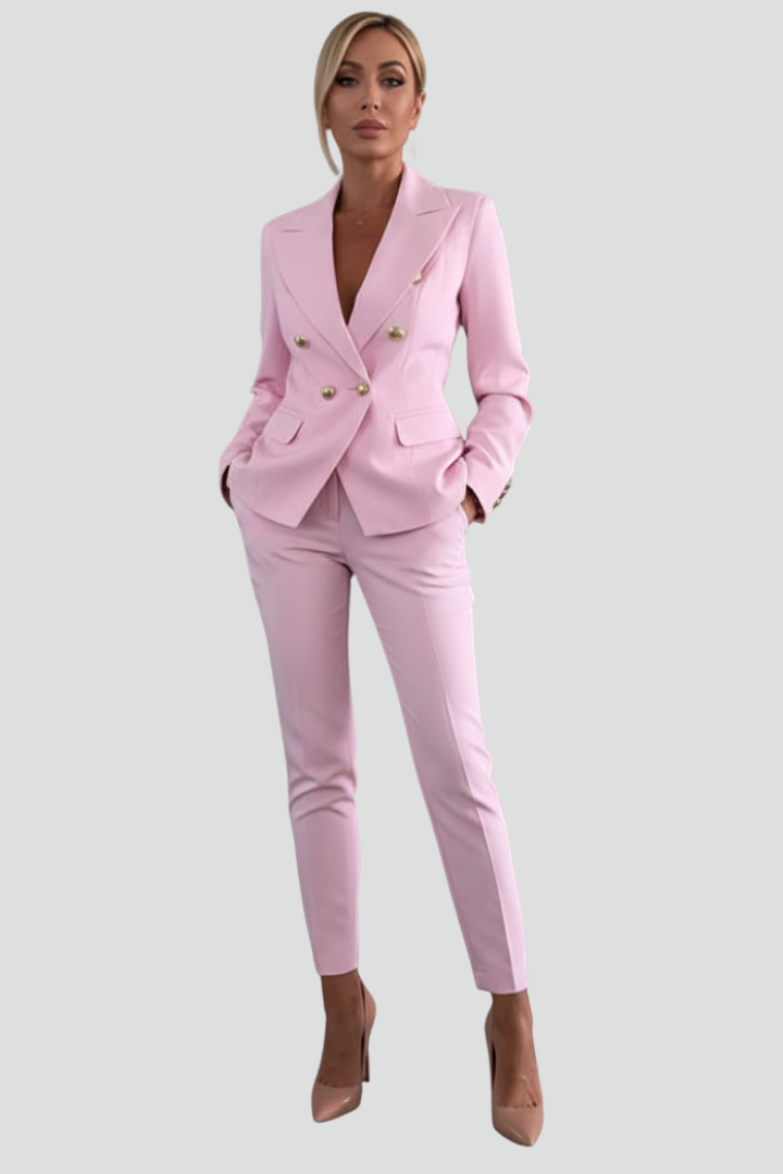 Modern women's business formal set, a stylish tailored blazer and pant suit for a sharp image.
