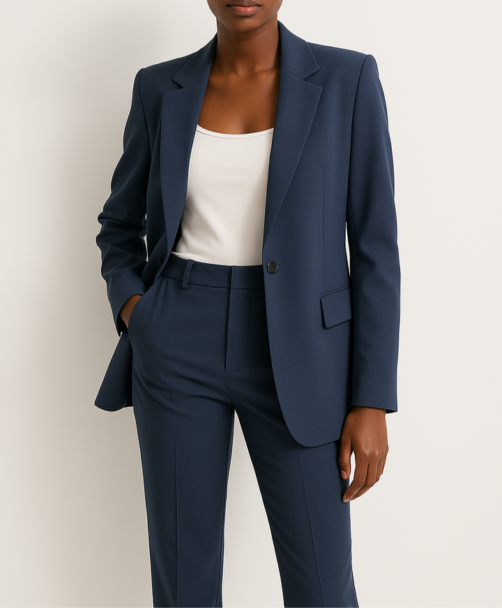 Women's tailored blazer & trouser set, perfect professional business attire for work or formal events.
