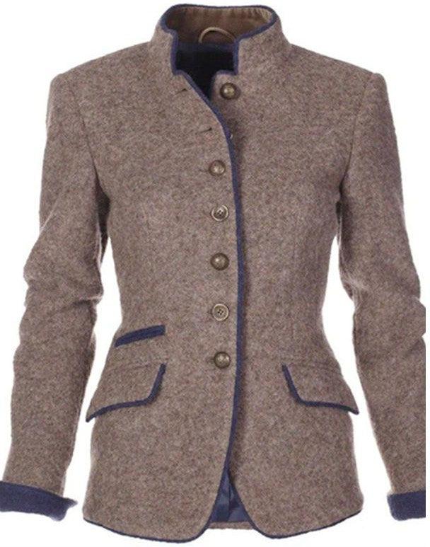 Sophisticated women's tailored brown blazer jacket featuring a stand collar, great for professional and chic ensembles.