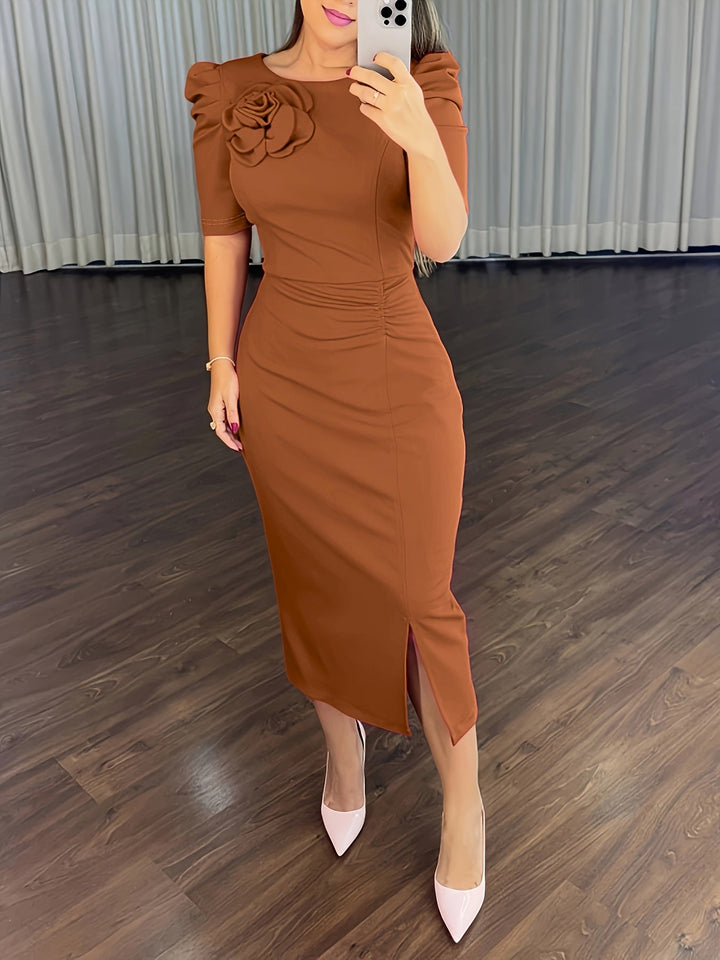 Women's tailored brown midi dress with puff sleeves & ruched bodycon fit. Chic & sophisticated style.