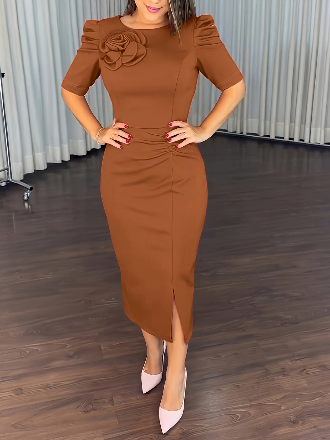 Sophisticated brown puff sleeve midi bodycon dress, ideal for formal evening wear or as a stylish wedding guest dress.
