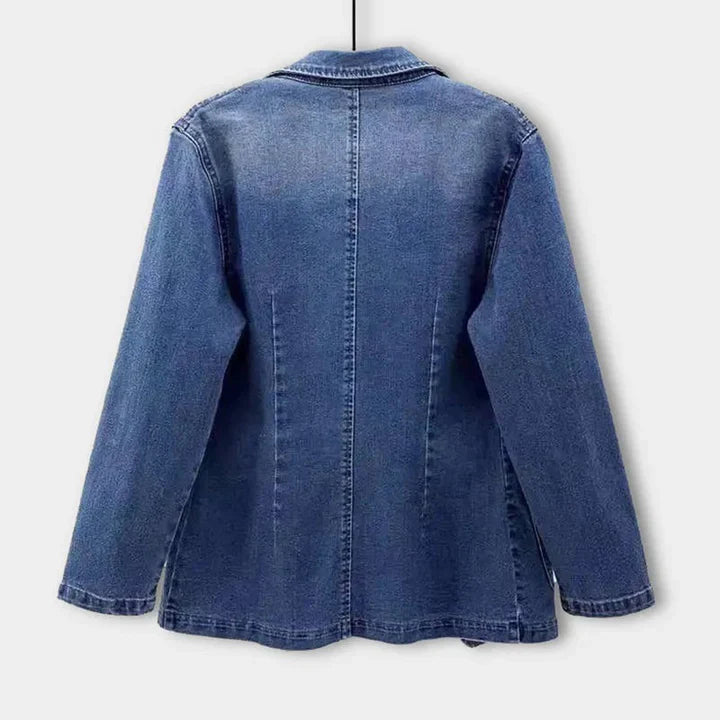 Stylish women's tailored denim blazer. A smart-casual long-sleeve jacket, ideal for versatile spring & autumn outerwear.