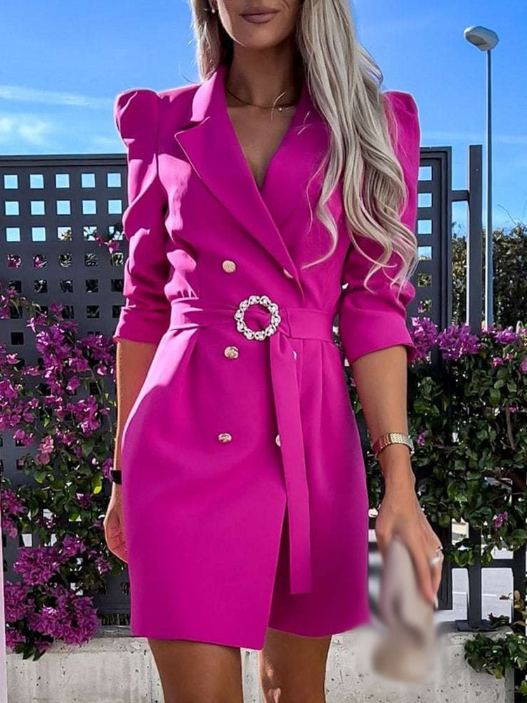 Structured women's tailored blazer dress, double-breasted with a chic belted waist, for a sophisticated look.