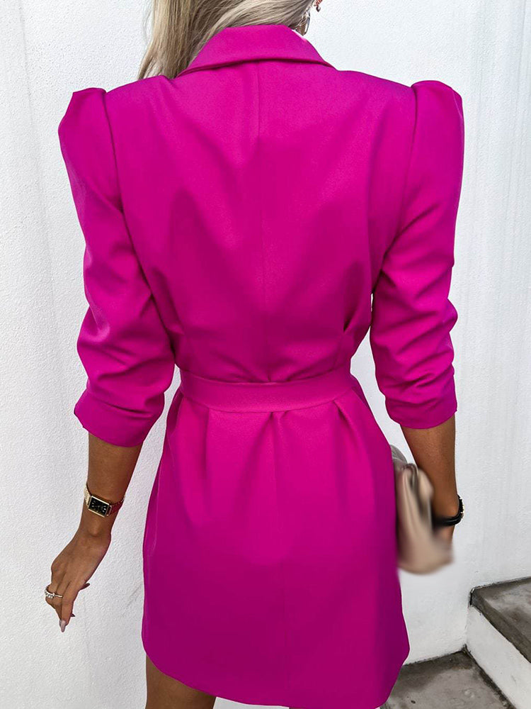 Versatile women's blazer dress, a double-breasted mini with belted detail, suitable for work or party wear.