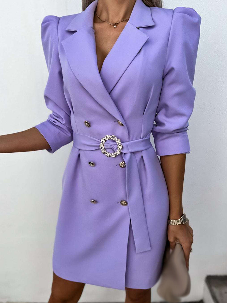 Professional women's double-breasted blazer dress, tailored and belted, offering a sophisticated formal look.
