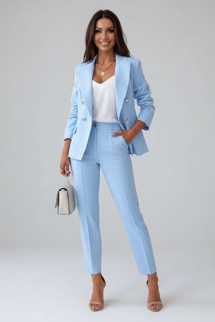 Women's tailored double-breasted blazer set, ideal for professional elegant wear.