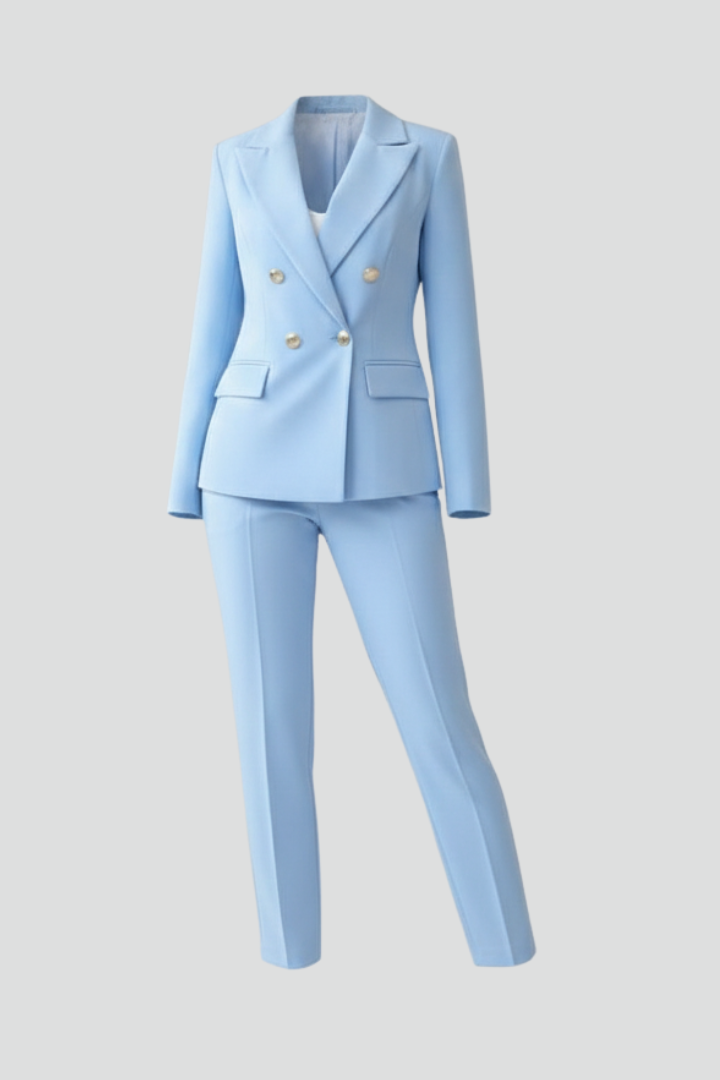 Chic women's double-breasted tailored blazer set, blending professional and contemporary style.