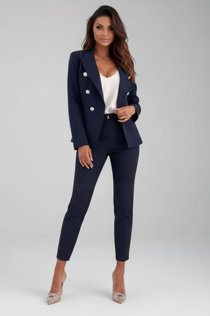 Double-breasted tailored blazer set for women, featuring a classic lapel and button detail.