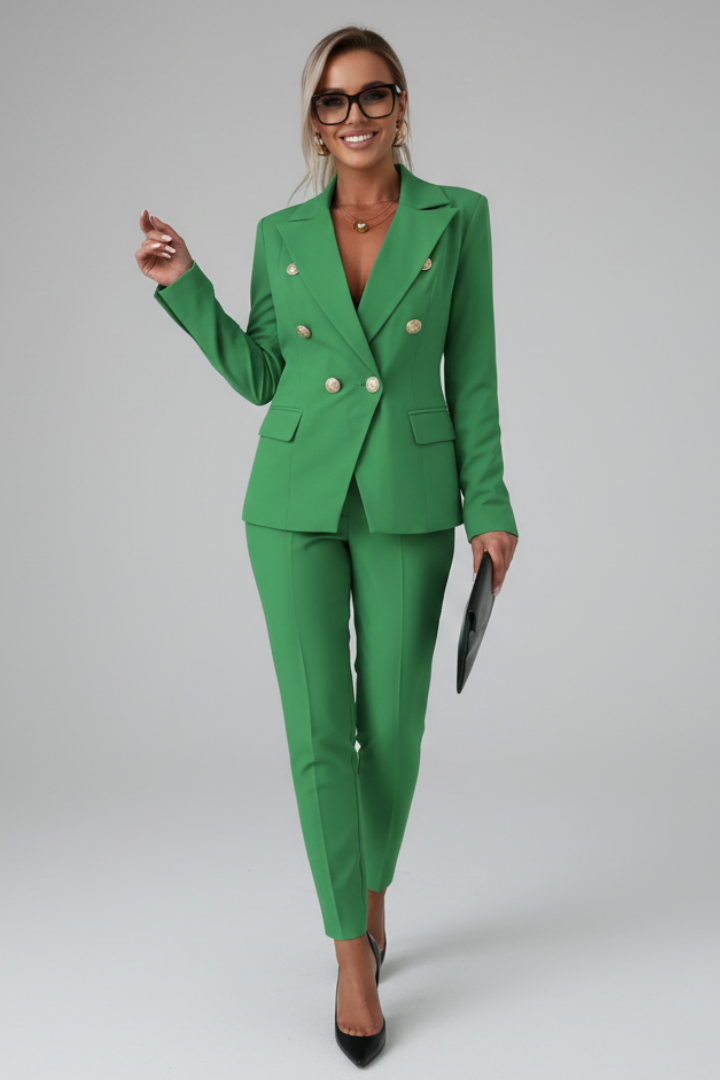 Complete women's tailored double-breasted blazer and pant set, chic professional wear.