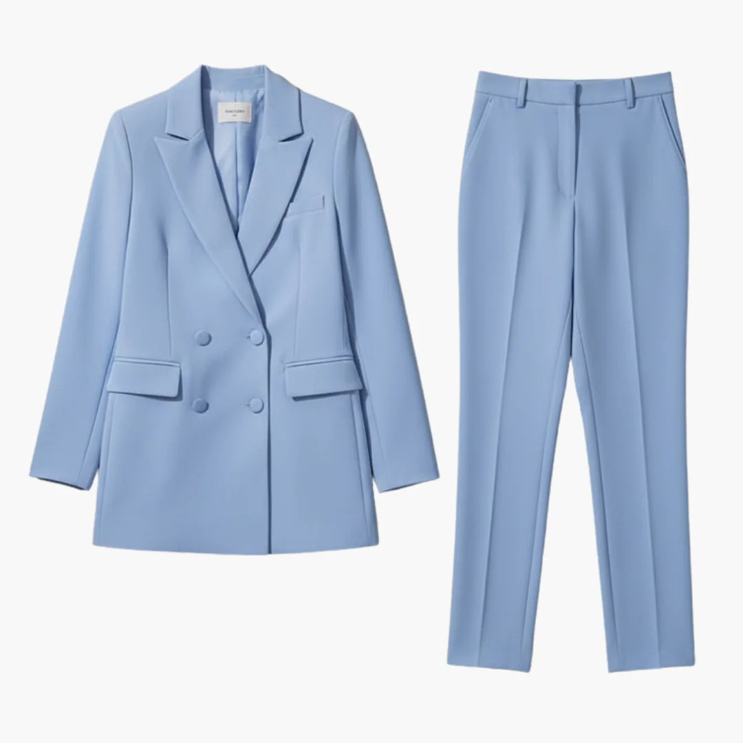 Women's tailored double-breasted blazer & trousers suit set. Professional business attire for office.