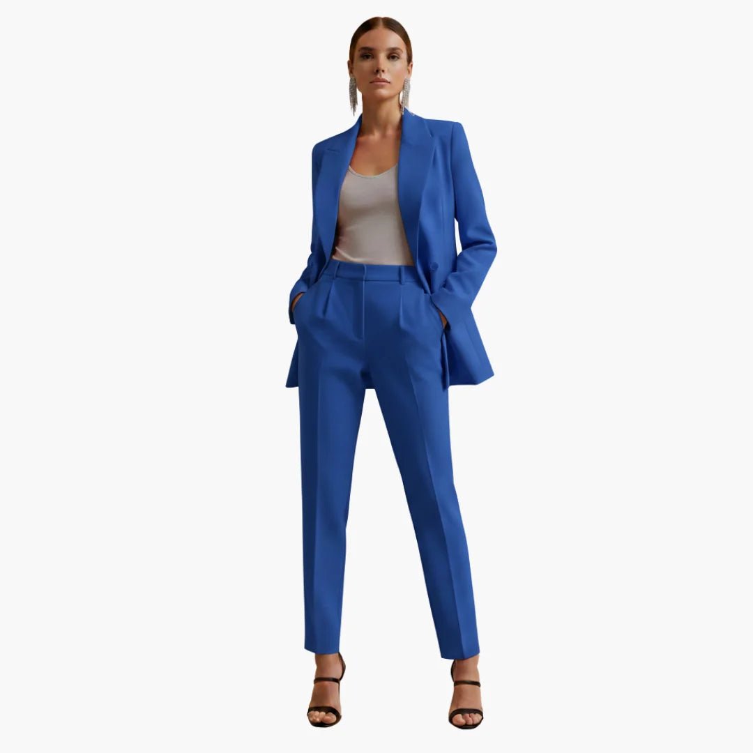 Premium women's tailored suit set: double-breasted blazer, trousers. Ideal for professional business.