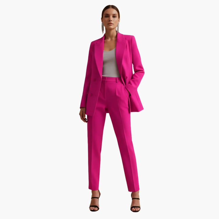 Smart women's suit set: tailored double-breasted blazer & trousers. Business and formal attire.
