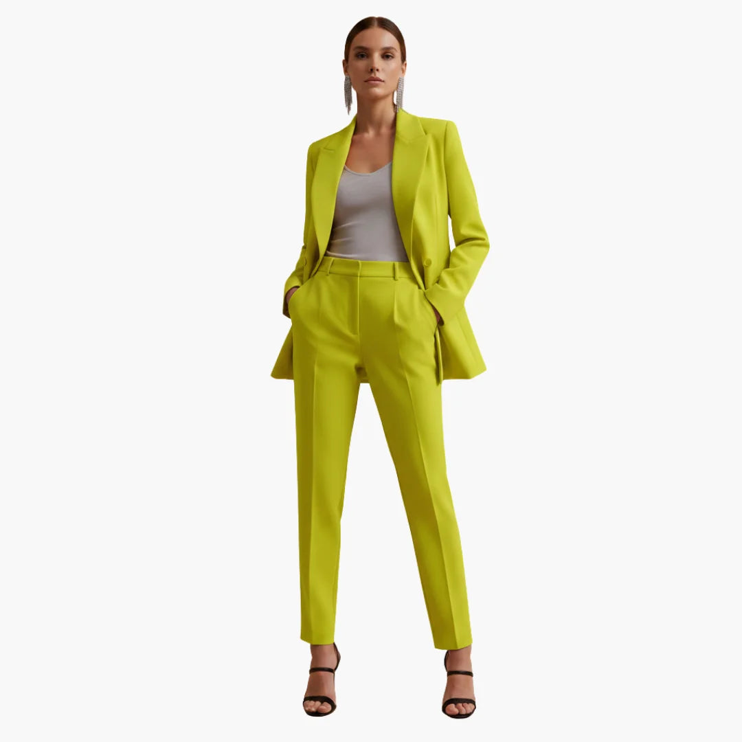 Versatile women's tailored double-breasted blazer & trousers set. Business, office, and formal wear.