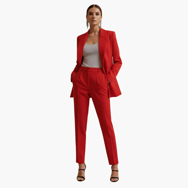 Fashionable women's double-breasted blazer and trousers set. Professional, elegant, and versatile.