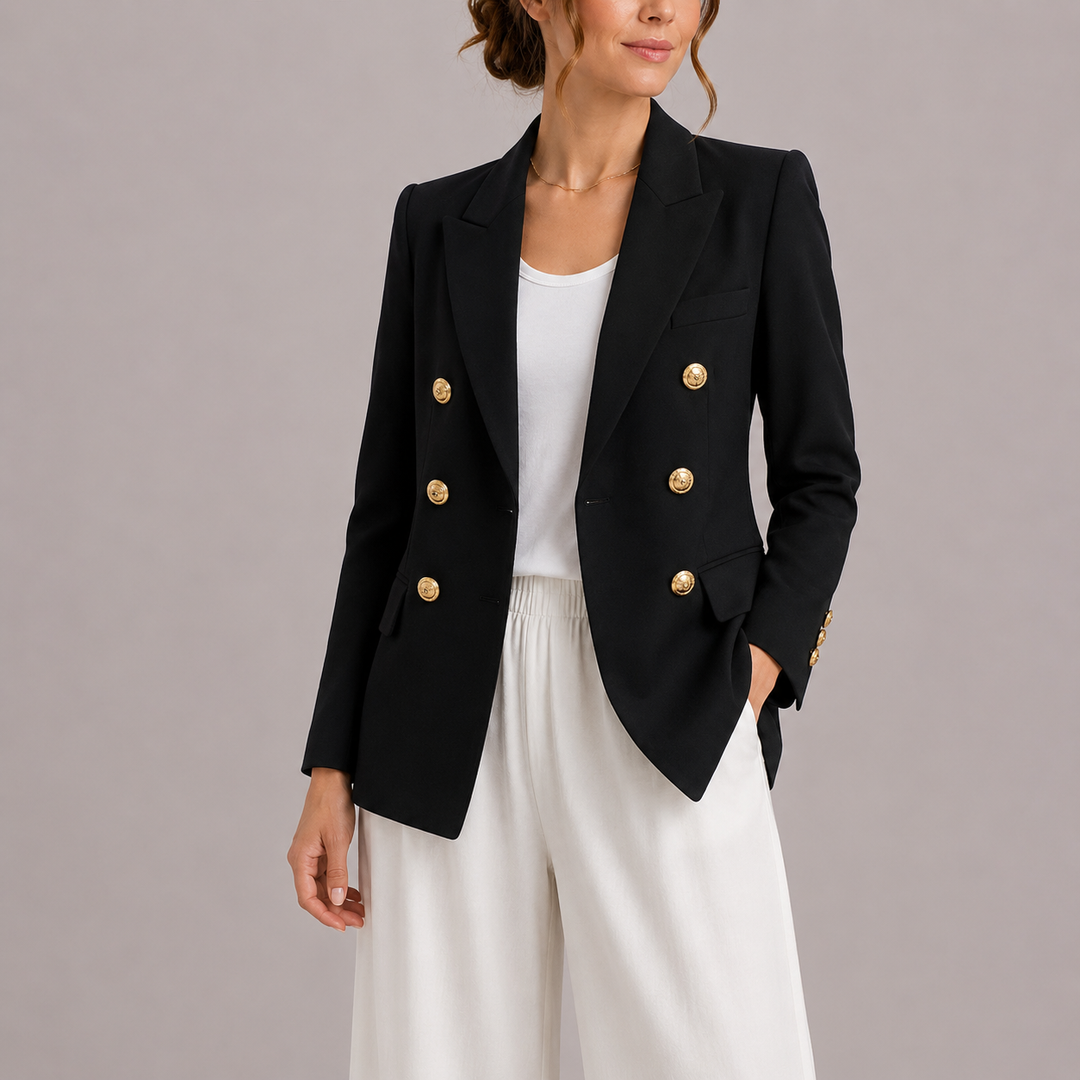 Women's tailored double-breasted blazer with elegant gold buttons for a sophisticated look.