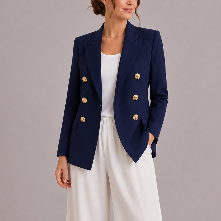 Chic women's double-breasted blazer, perfect for office wear or smart casual elegant outfits.