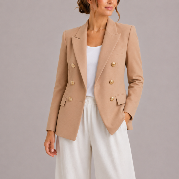 Sophisticated women's tailored blazer with gleaming gold buttons, a versatile chic outerwear piece.