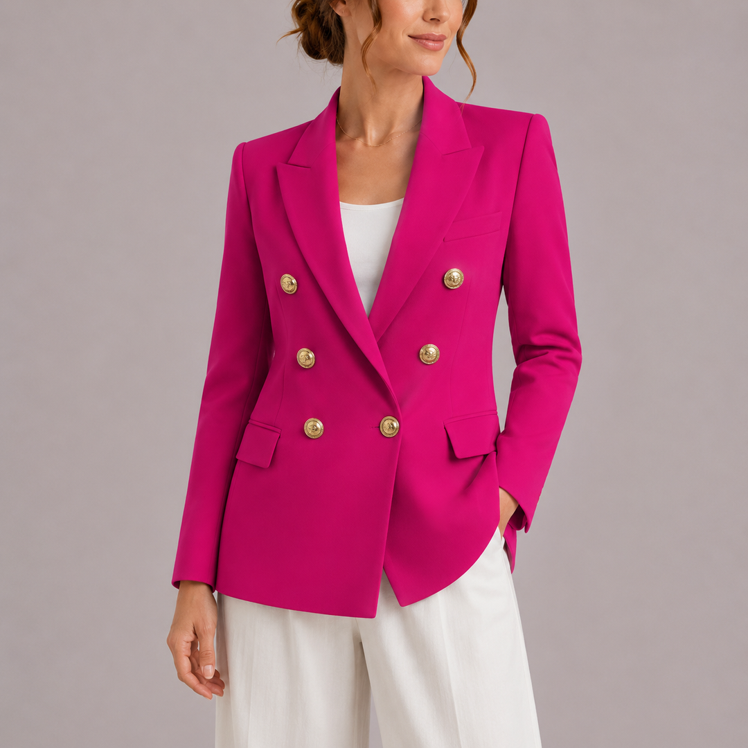 Double-breasted women's blazer, tailored fit, featuring prominent gold buttons for a stylish look.