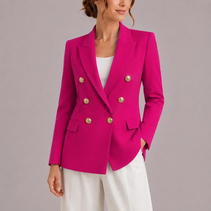 Double-breasted women's blazer, tailored fit, featuring prominent gold buttons for a stylish look.