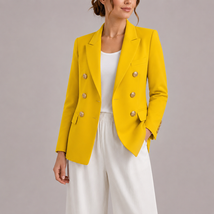 Women's tailored jacket, double-breasted, with ornate gold buttons, offering a sophisticated chic style.