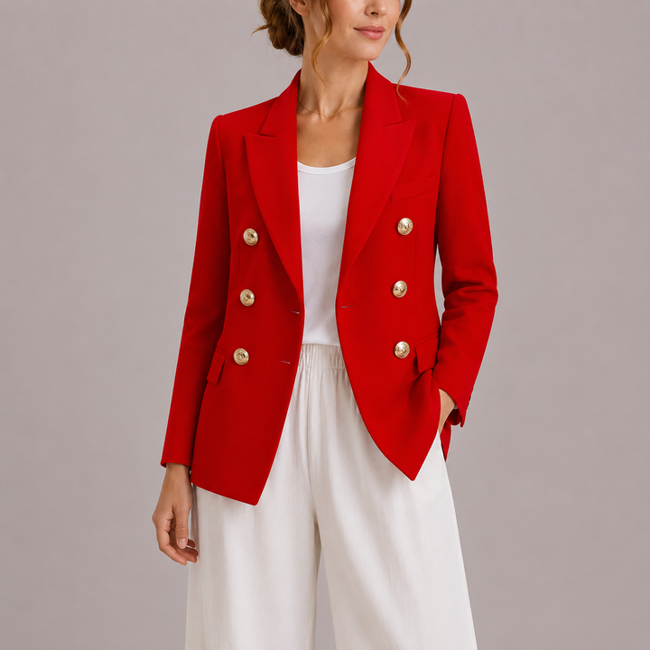 Modern women's tailored double-breasted blazer with gold buttons, perfect for a polished, versatile look.