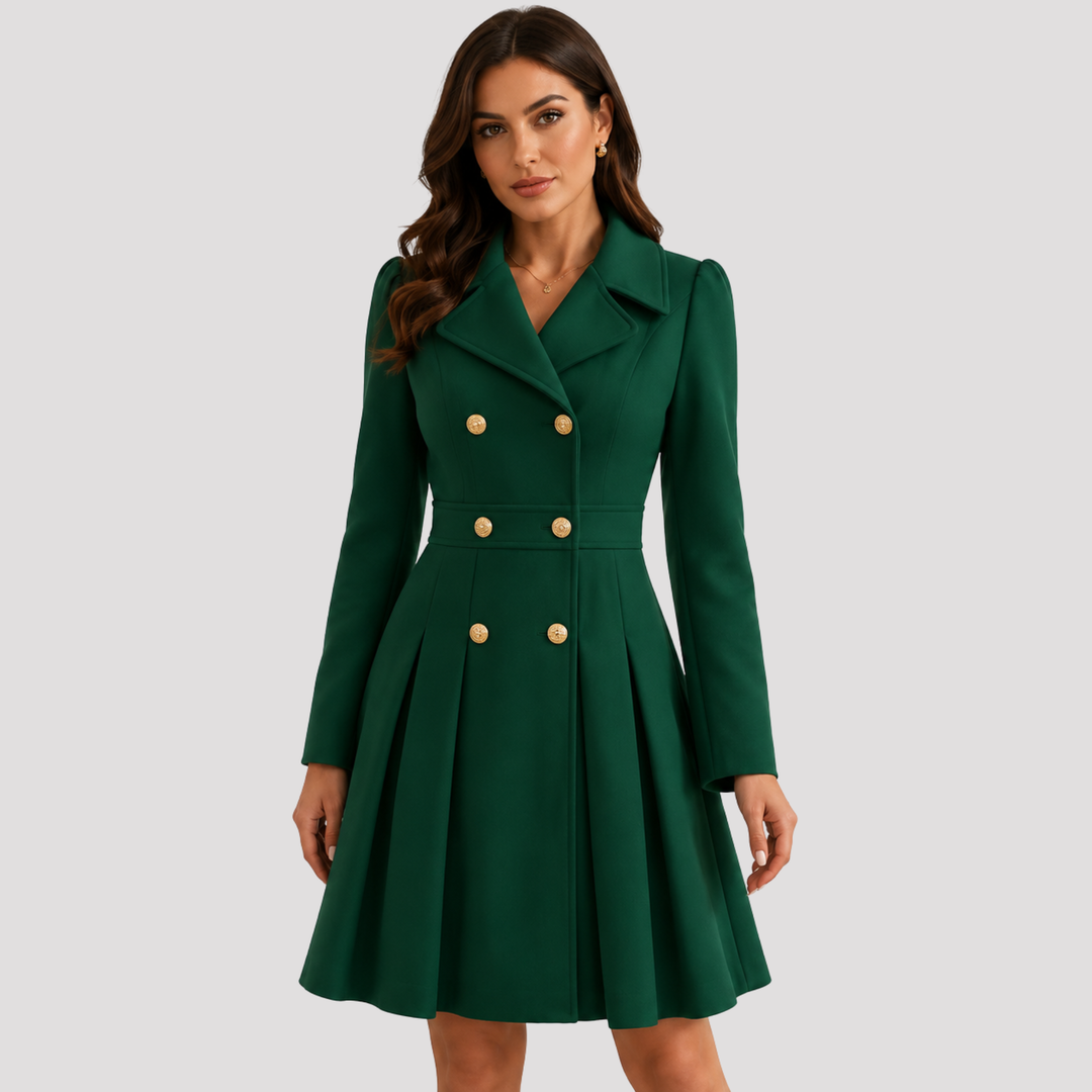 Women's tailored double-breasted coat dress with long sleeves. Elegant & professional for formal events.