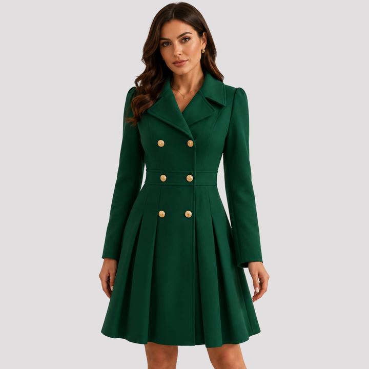 Women's tailored double-breasted coat dress with long sleeves. Elegant & professional for formal events.