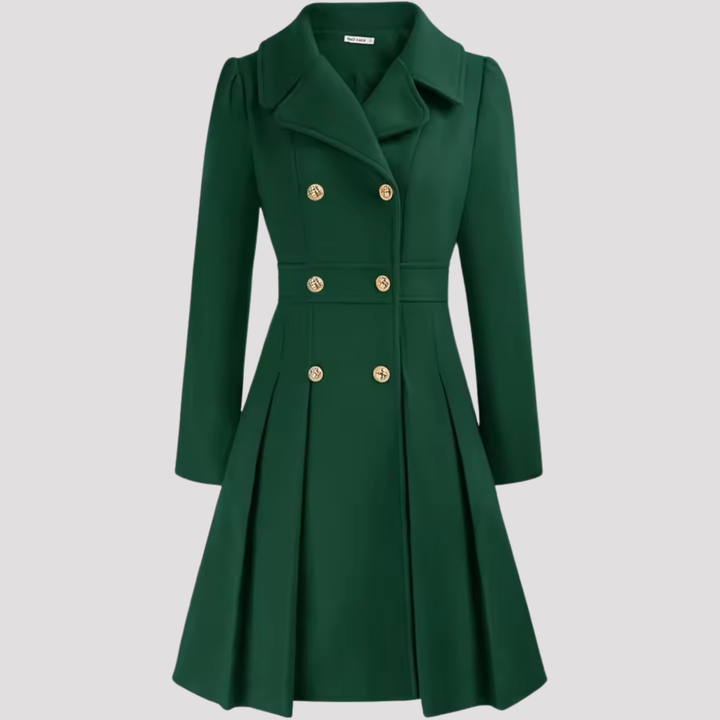 Chic double-breasted coat dress for women, tailored fit, featuring gold buttons & a sophisticated flared hem.
