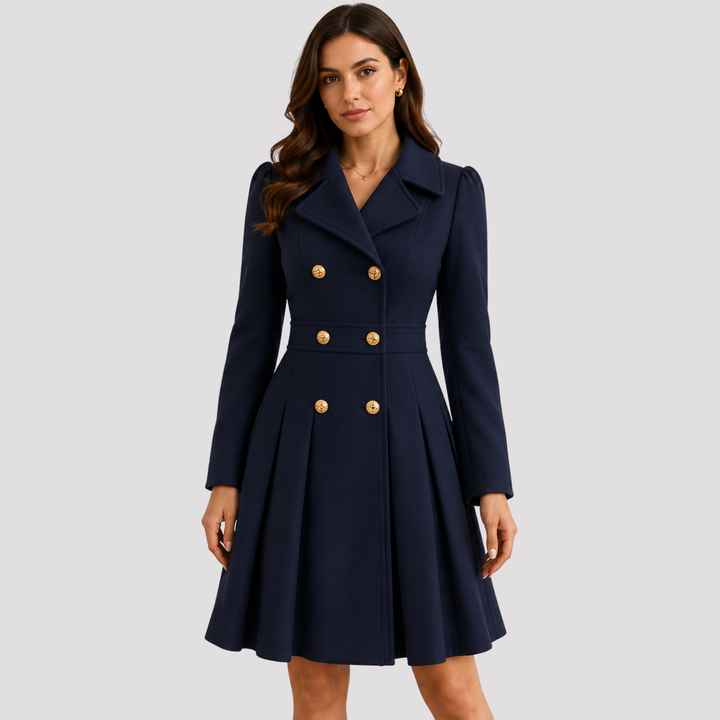 Elegant women's long sleeve coat dress. Tailored, double-breasted design, ideal for professional or party wear.