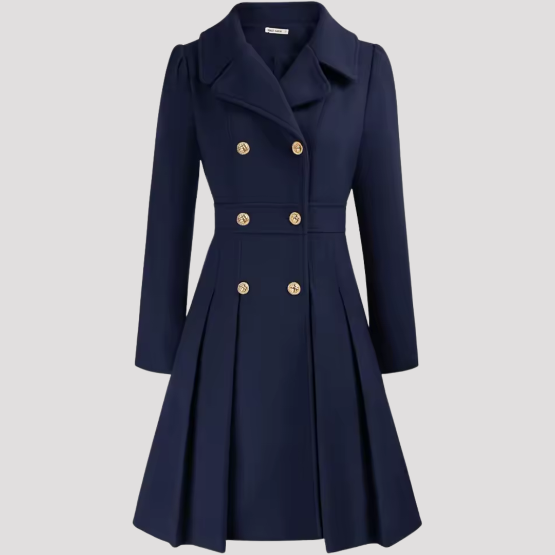 Sophisticated women's tailored coat dress. Double-breasted, long sleeve, a chic choice for any occasion.