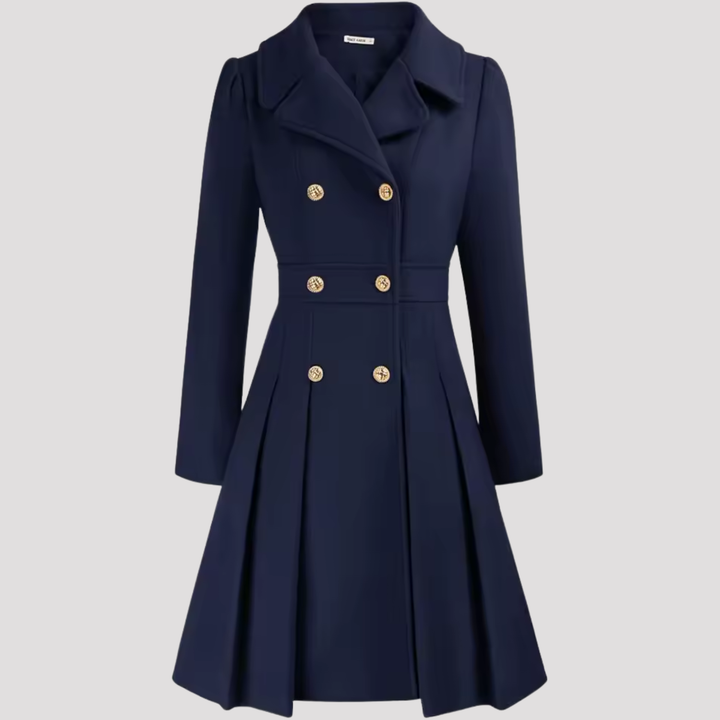Sophisticated women's tailored coat dress. Double-breasted, long sleeve, a chic choice for any occasion.
