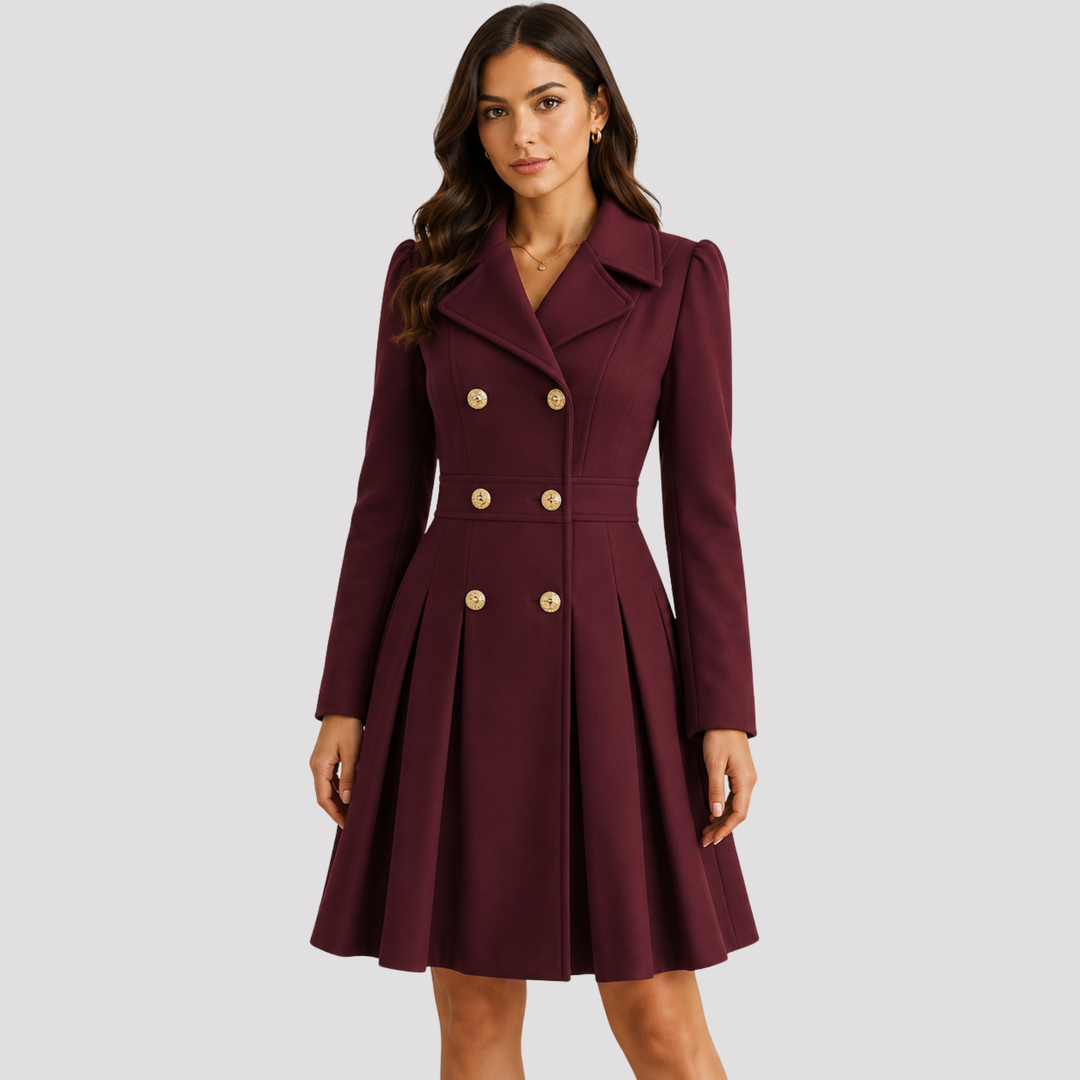 Professional women's double-breasted coat dress. Long sleeves & tailored fit, perfect for work or formal parties.