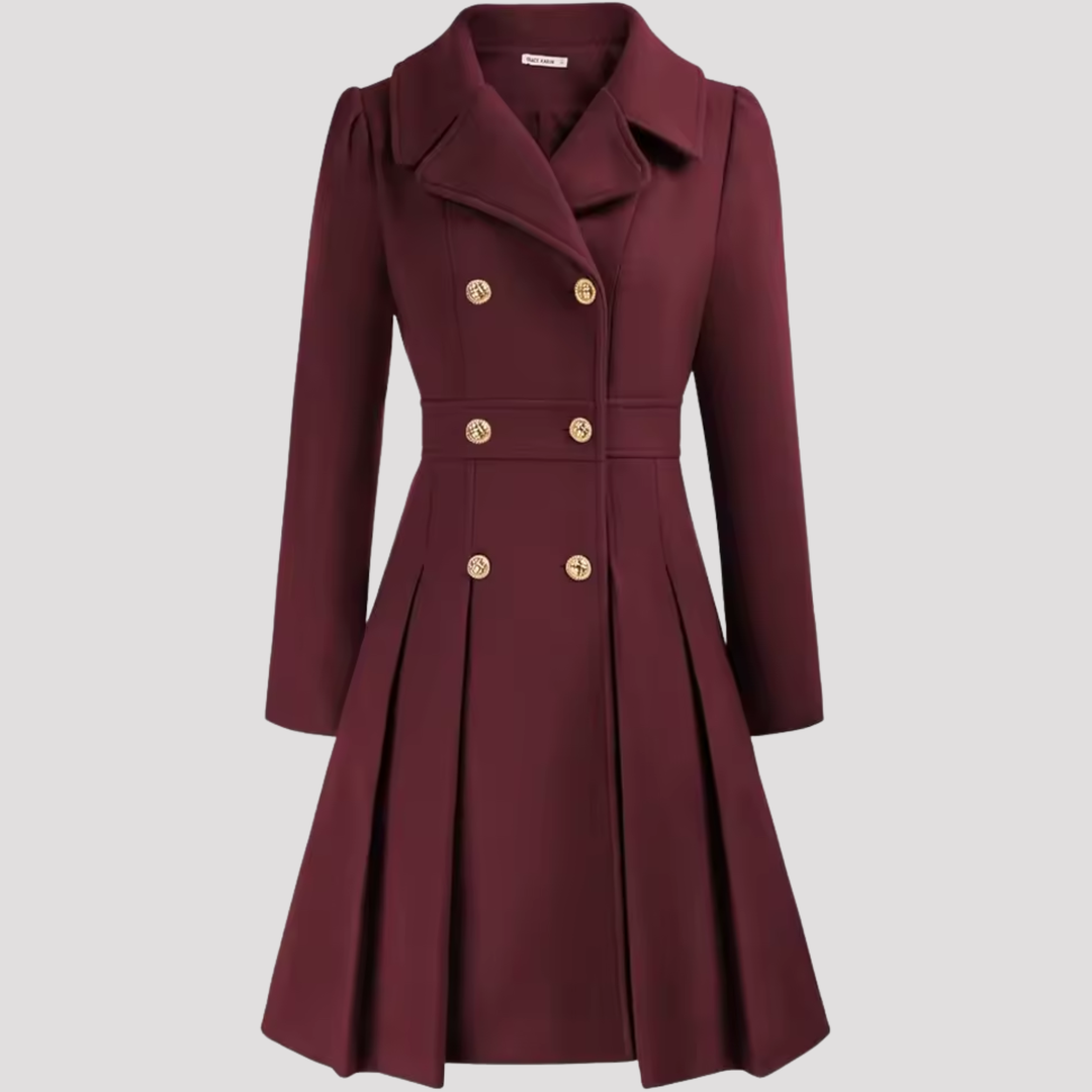 Flared double-breasted coat dress for women, tailored, long sleeves, with stylish gold buttons. Chic & elegant.