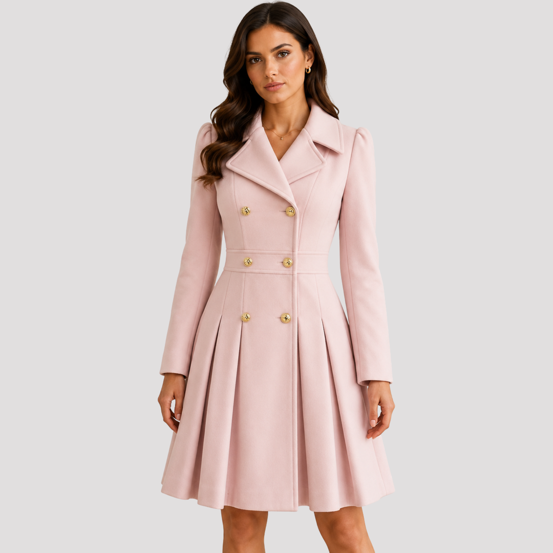 Women's elegant tailored double-breasted long sleeve coat dress. Formal, chic, and sophisticated.