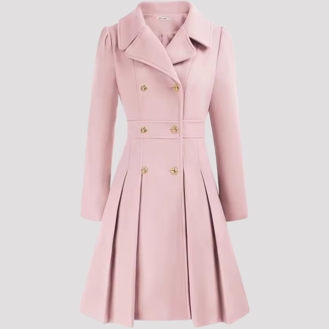Versatile women's tailored coat dress. Double-breasted, long sleeve design. Ideal for professional, party or formal wear.