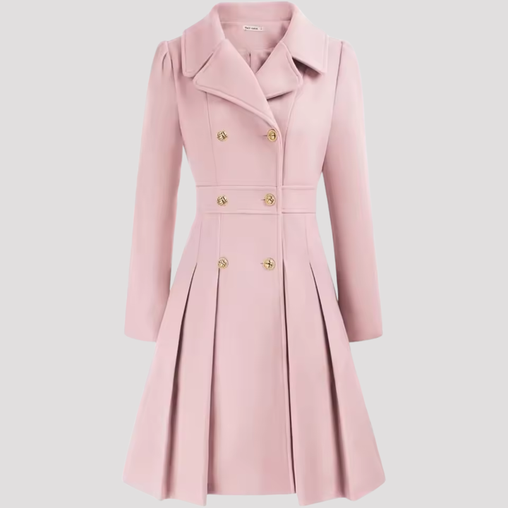 Versatile women's tailored coat dress. Double-breasted, long sleeve design. Ideal for professional, party or formal wear.