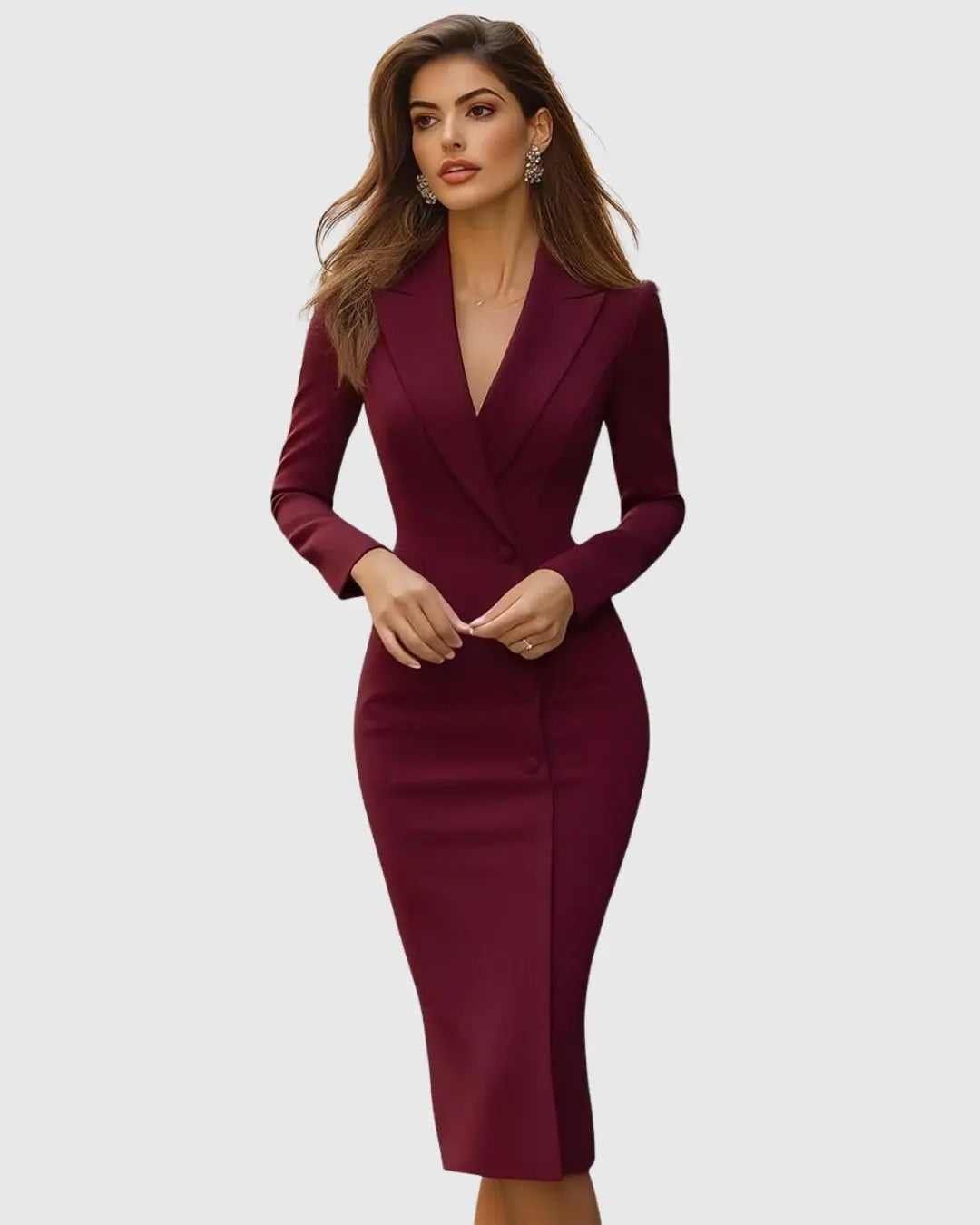 Stylish women's double-breasted midi blazer dress, long sleeve, elegant business attire.