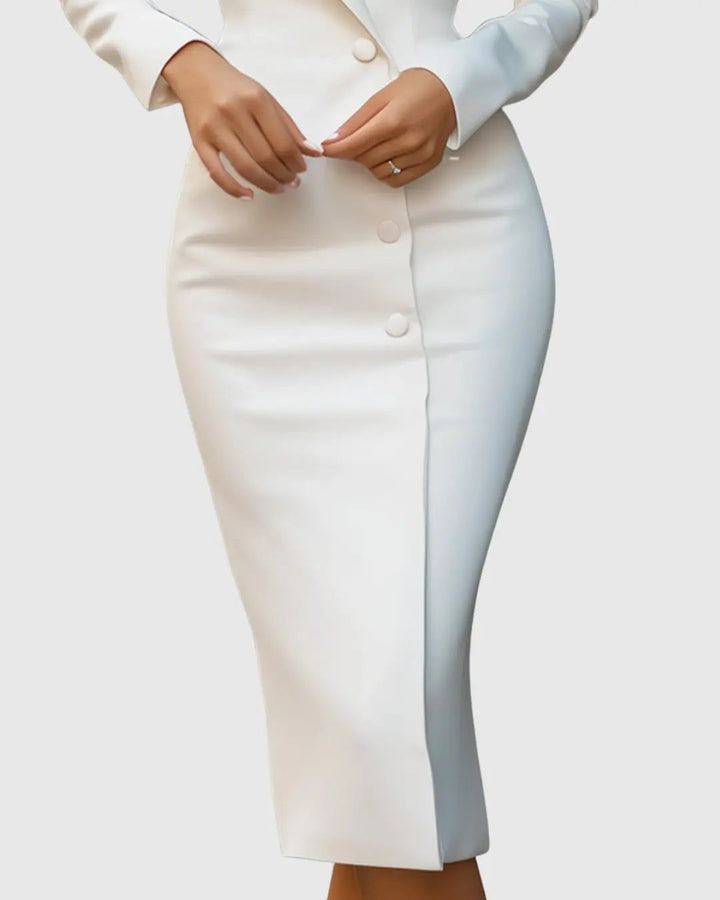 Women's formal double-breasted blazer midi dress, long sleeve, business attire.