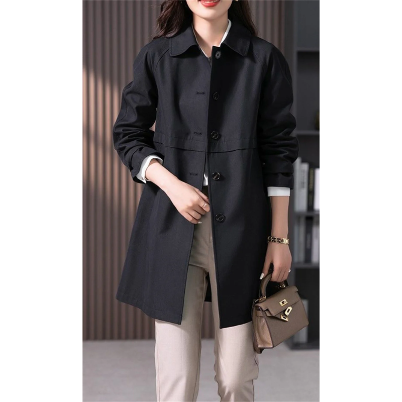 Mid-thigh length women's trench coat, tailored fit. Stylish outerwear, ideal for sophisticated spring and fall looks.