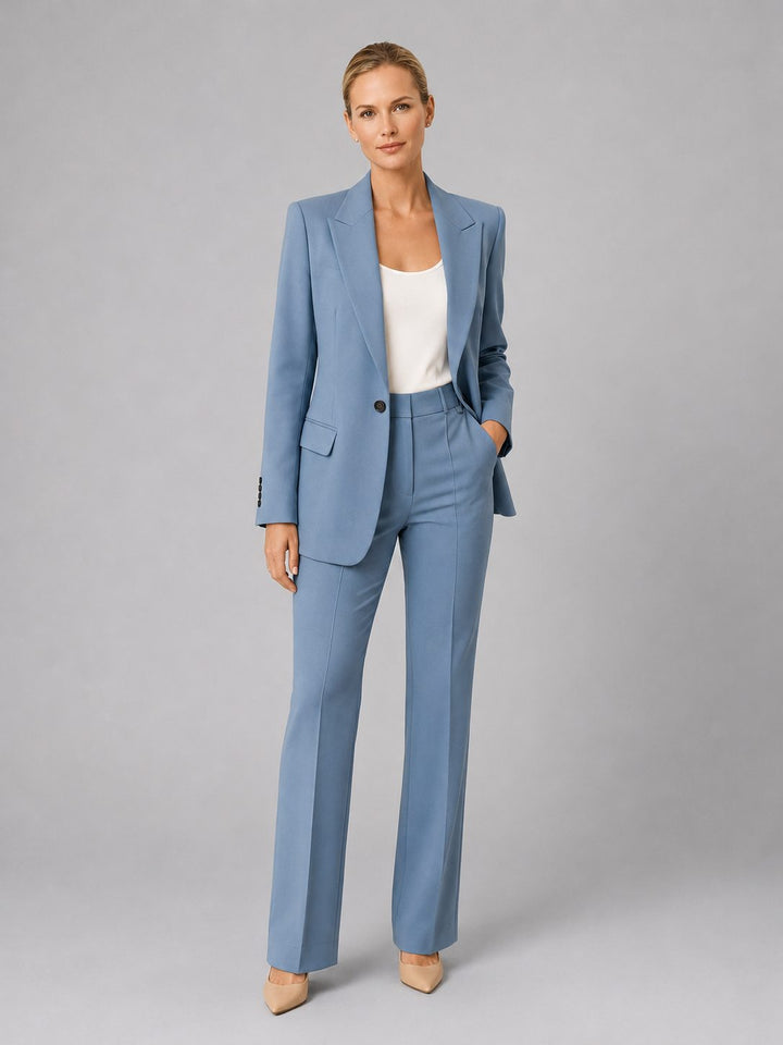 Women's tailored high-waist straight leg suit set. Professional office attire for a chic business formal look.