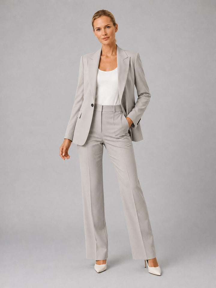 Professional women's tailored suit set, featuring a blazer and high-waist straight leg pants for office attire.