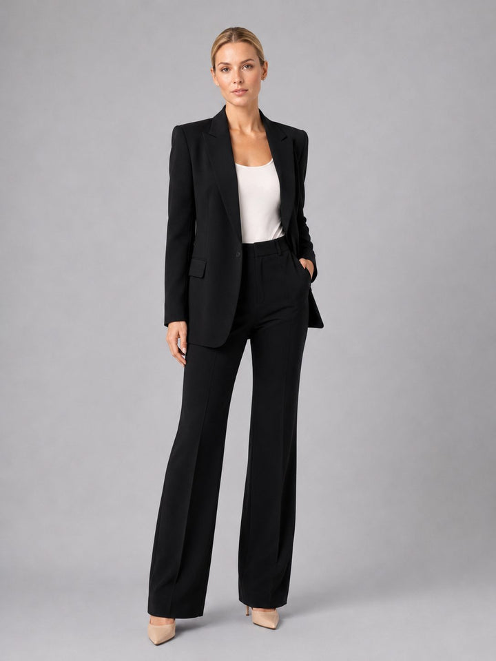 Formal women's two-piece suit: tailored blazer & high-waist straight leg pants. Perfect elegant workwear.