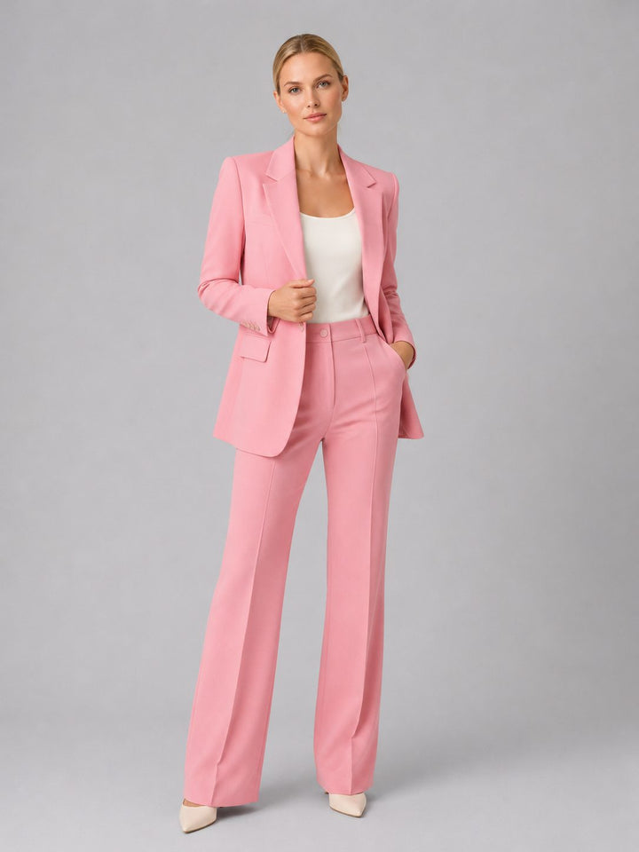 Business formal women's tailored suit. High-waist straight leg blazer & pants for a powerful, professional ensemble.