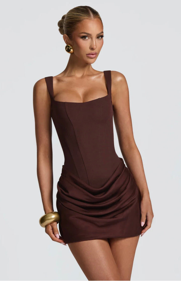 Stylish women's corset mini dress, tailored to perfection. An elegant choice for evening and cocktail events.