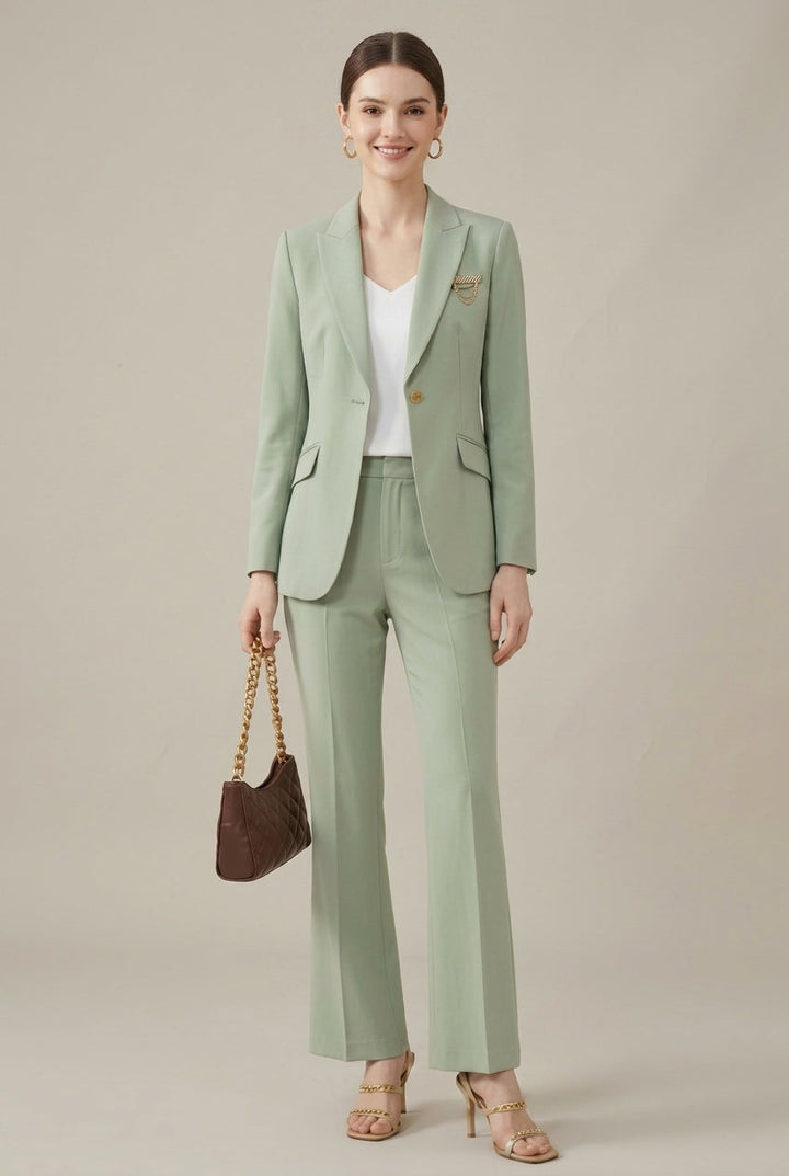 Women's tailored pant suit with chic shawl collar blazer & straight-leg trousers. Ideal for professional office wear.
