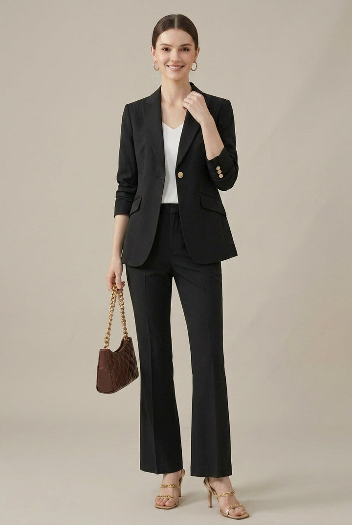 Chic cream formal pant suit for women. Includes a tailored shawl collar blazer & straight-leg trousers.