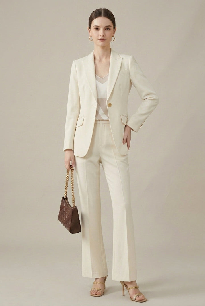 Business fashion: women's tailored pant suit with a sophisticated shawl collar blazer & straight-leg trousers.